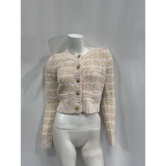 Loveshackfancy 'Saxson' Pink Polyester Tweed Cardigan Size XS - Picture 2 of 5